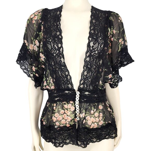 Women's Charlotte Russe Black Floral Lace Rose Buttons Romantic Sexy Small Blous - Picture 1 of 6